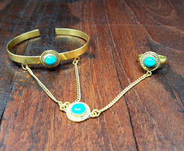Turquoise Gold Slave Bracelet Tribal Gypsy Festival Boho Jewelry Bangle