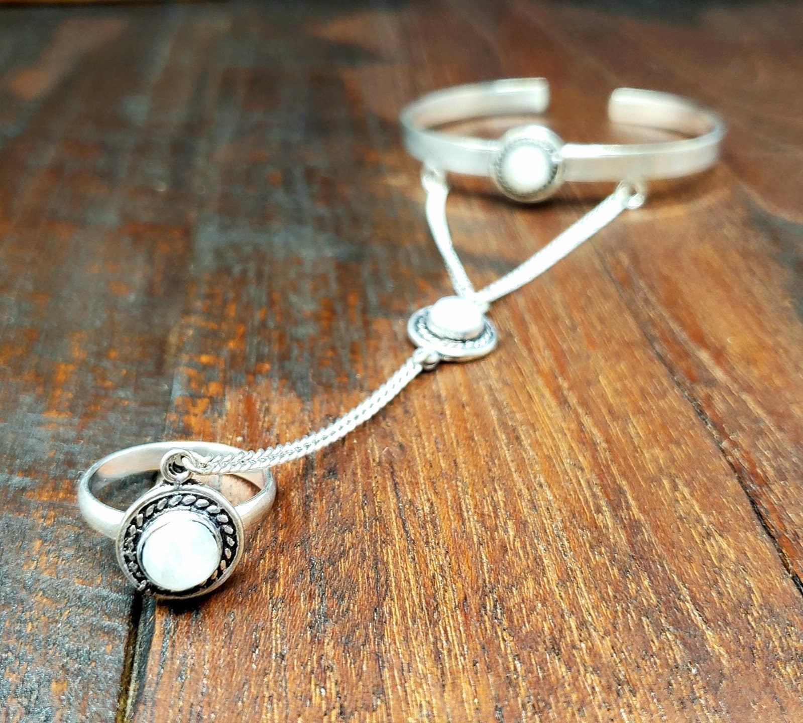 Silver Moonstone Slave Bracelet Tribal Gypsy Festival Boho Jewelry Bangle