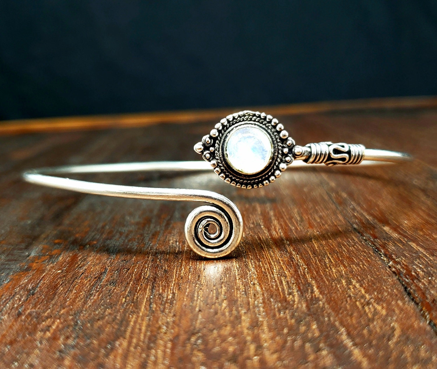 Moonstone Arm Cuff Silver Brass Swirl Tribal Gypsy Festival Boho Jewelry