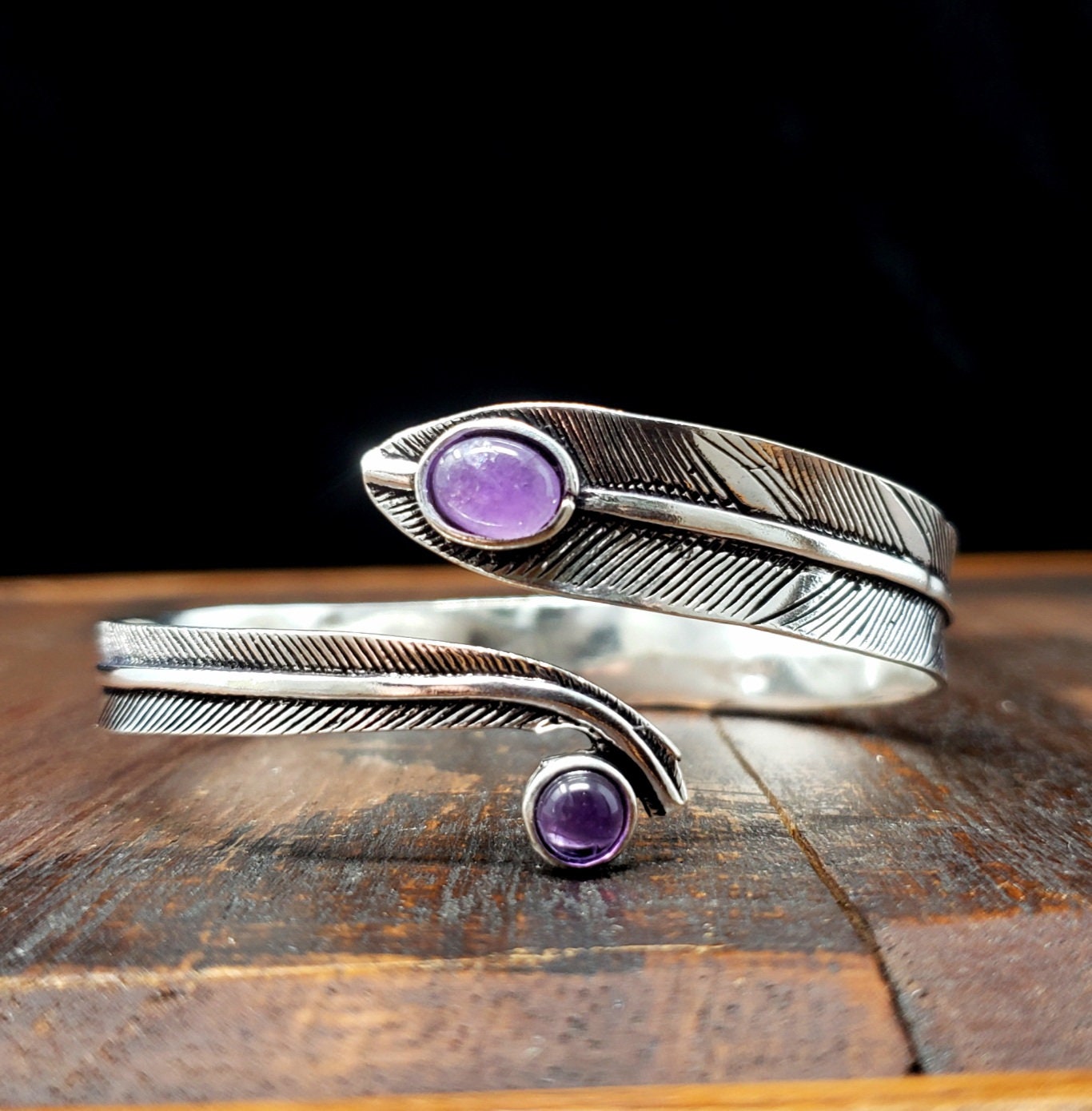 Silver Amethyst Feather Arm Cuff Adjustable Body Jewelry