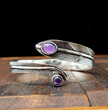 Silver Amethyst Feather Arm Cuff Adjustable Body Jewelry