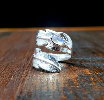 Moonstone Silver Feather Adjustable Ring Bohemian Jewelry