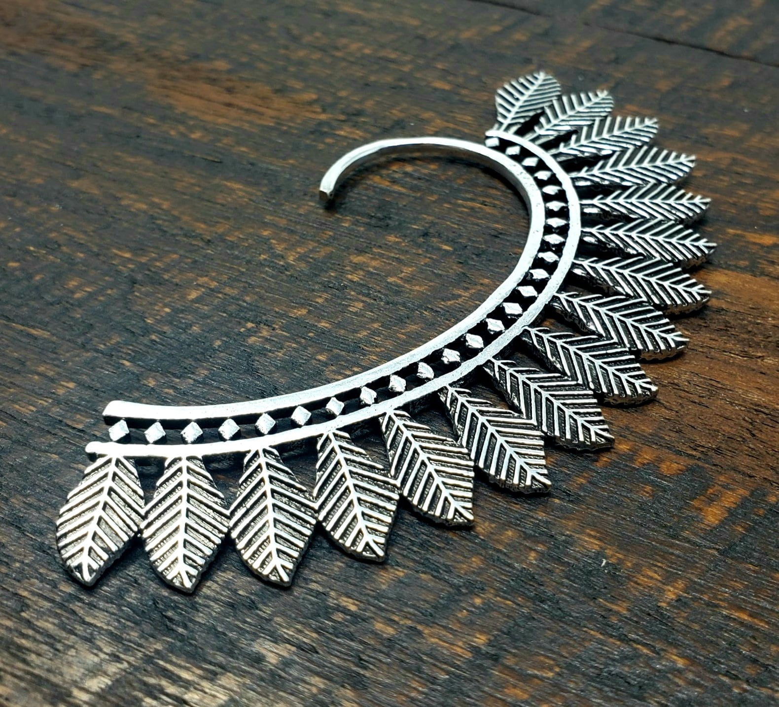 Silver Feather Ear Cuff Boho Festival Earring Unusual Unique Brass Jewelry