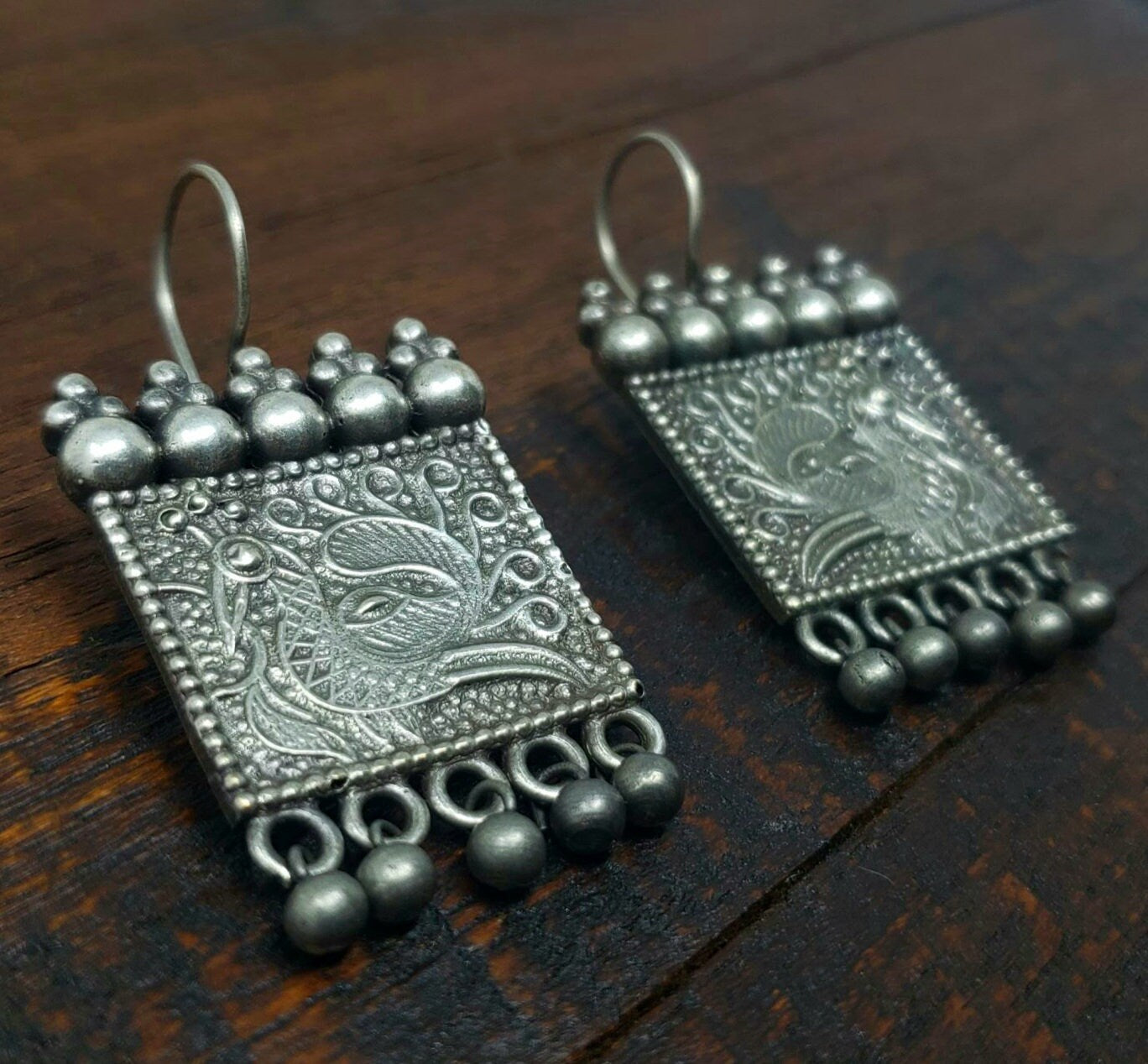 Silver Royal Peacock Earrings Unique Unusual Rustic Folk Jewelry