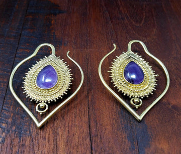 Gold Amethyst Kaya Earrings Statement Threader Gauge Ear Weight Jewelry