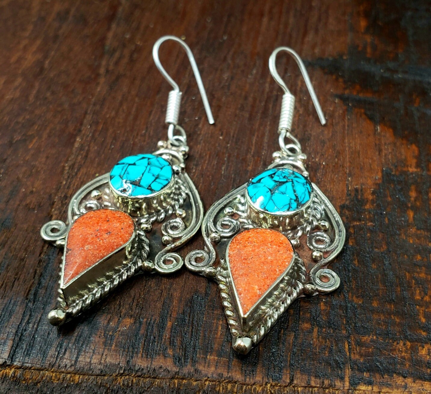 Tibetan Turquoise and Coral Scroll Earrings