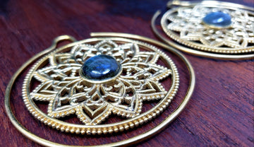 Gold Labradorite Mandala Earrings Statement Threader Gauge Ear Weight Jewelry