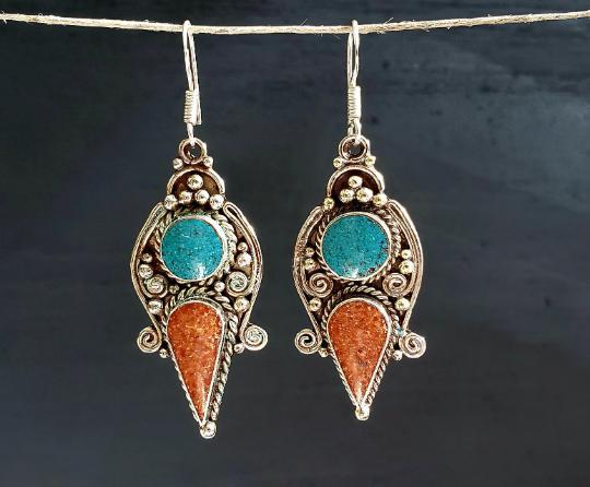 Tibetan Turquoise and Coral Dagger Earrings